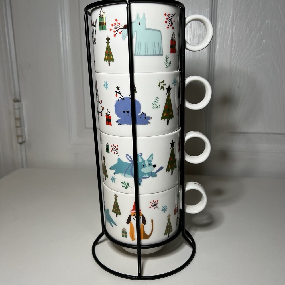 Pier 1 Imports stackable Christmas Animal Mugs with a metal caddy
